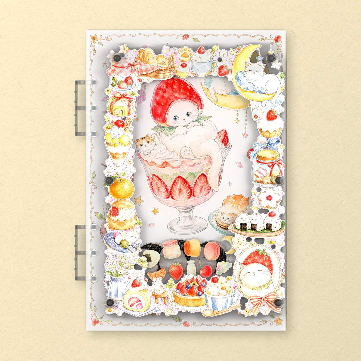 Strawberry Cat Sweets (AG-118) A5 shaker binder notebook, front cover