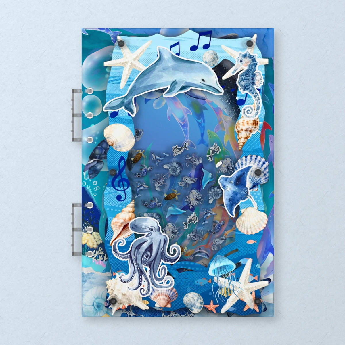 Dolphin Ocean Collage (HG-464) A5 shaker binder notebook, front cover