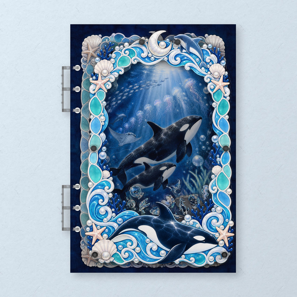 Moonlit Orca Bay (AG-197) A5 shaker binder notebook, front cover