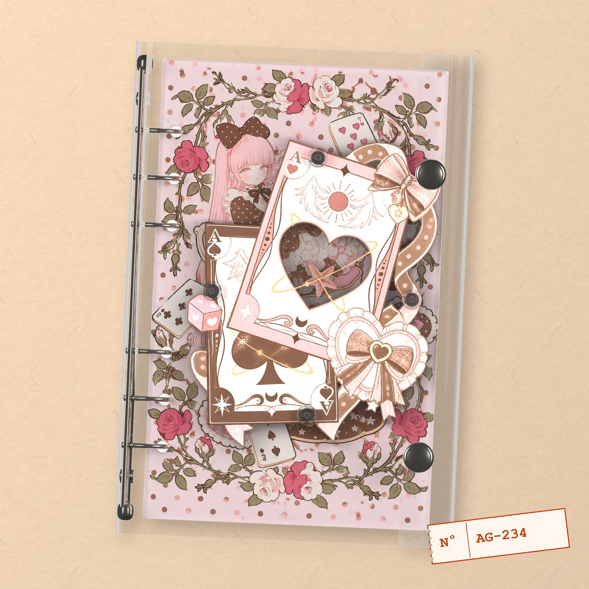 Pink Playing Cards (AG-234) A6 shaker binder notebook, front cover