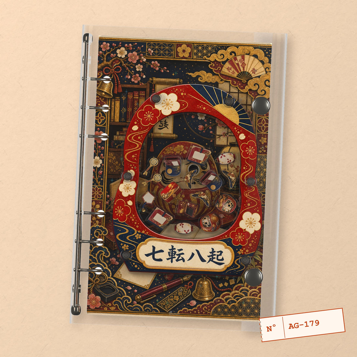 Lucky Daruma (AG-179) A6 shaker binder notebook, front cover
