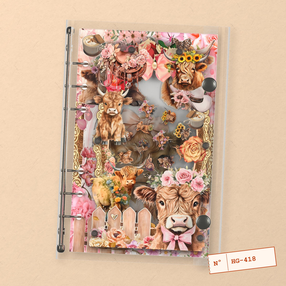 Floral Highland Cows (HG-418) A6 shaker binder notebook, front cover