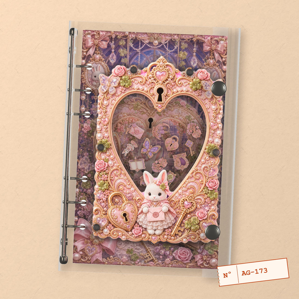 Heart Gate Bunny (AG-173) A6 shaker binder notebook, front cover