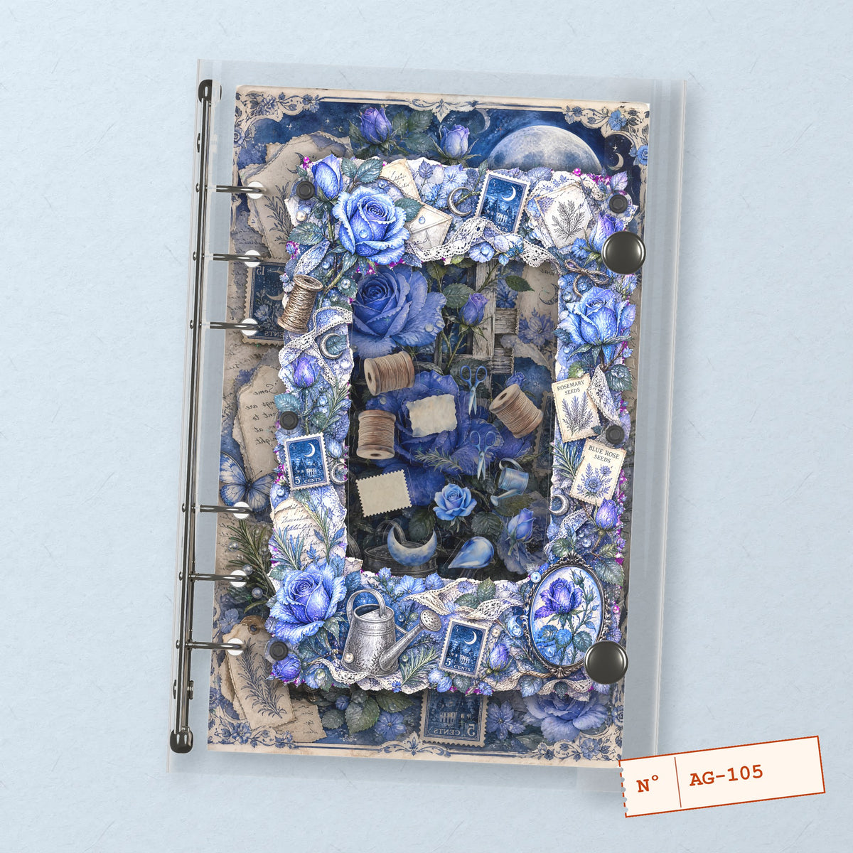 Blue Climbing Roses (AG-105) A6 shaker binder notebook, front cover