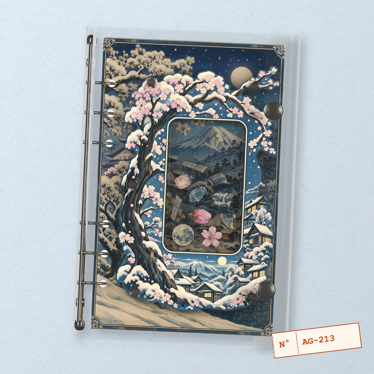 Ukiyo-e Snow to Spring (AG-213) A6 shaker binder notebook, front cover