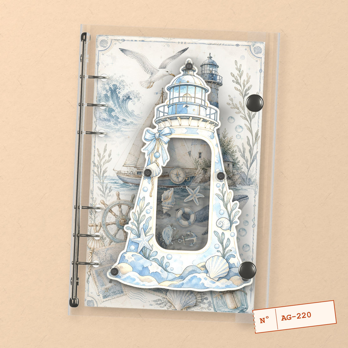 White Lighthouse (AG-220) A6 shaker binder notebook, front cover