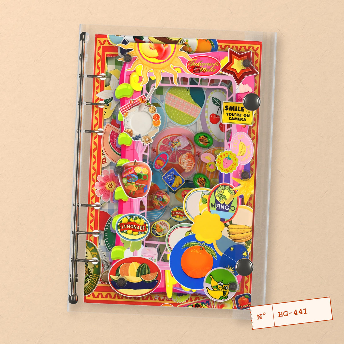 Retro Fruit Labels (HG-441) A6 shaker binder notebook, front cover