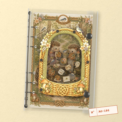Hedgehog Tea Basket (AG-186) A6 shaker binder notebook, front cover