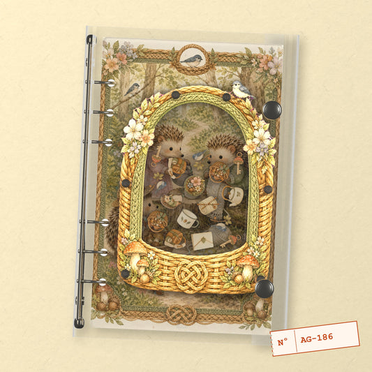 Hedgehog Tea Basket (AG-186) A6 shaker binder notebook, front cover