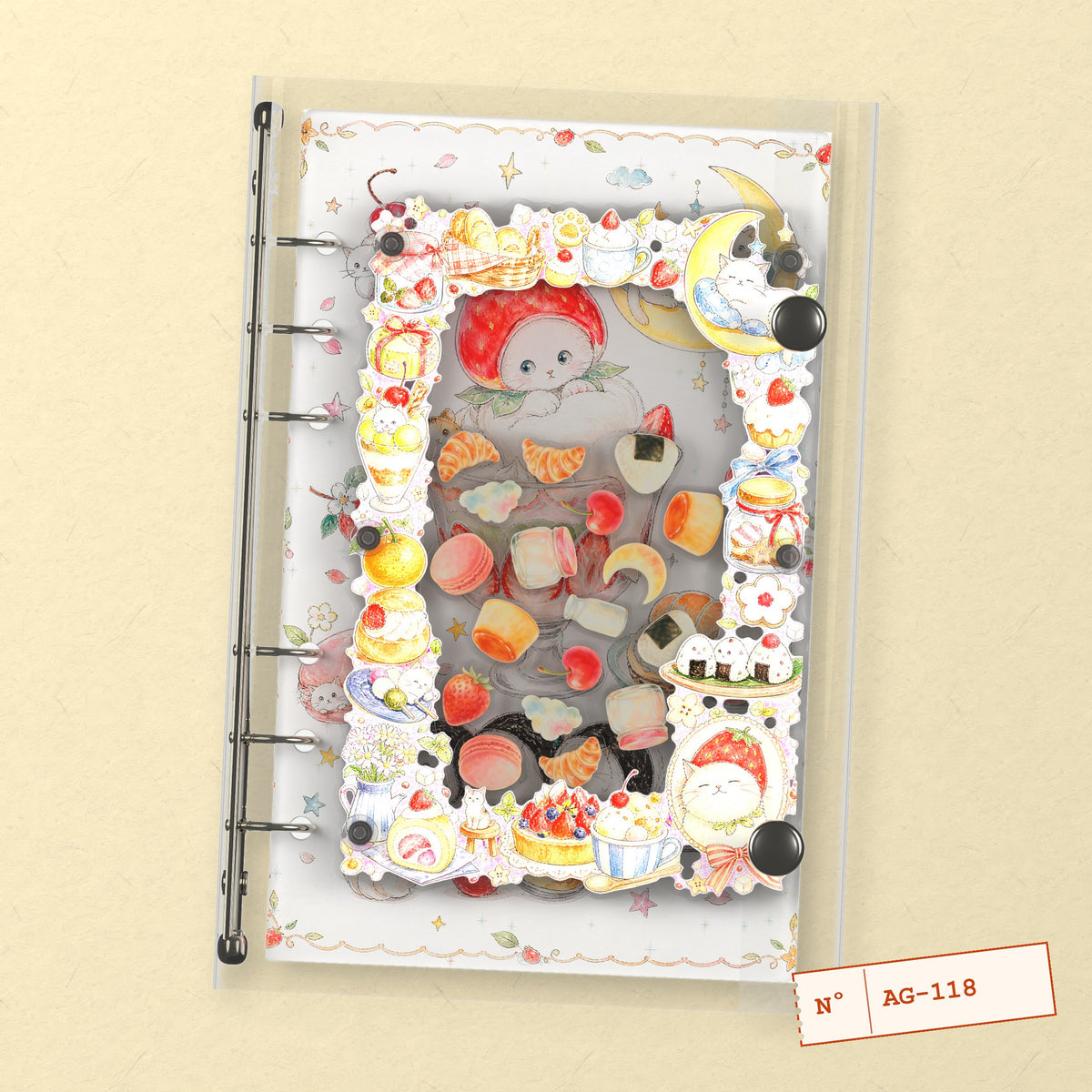 Strawberry Cat Sweets (AG-118) A6 shaker binder notebook, front cover