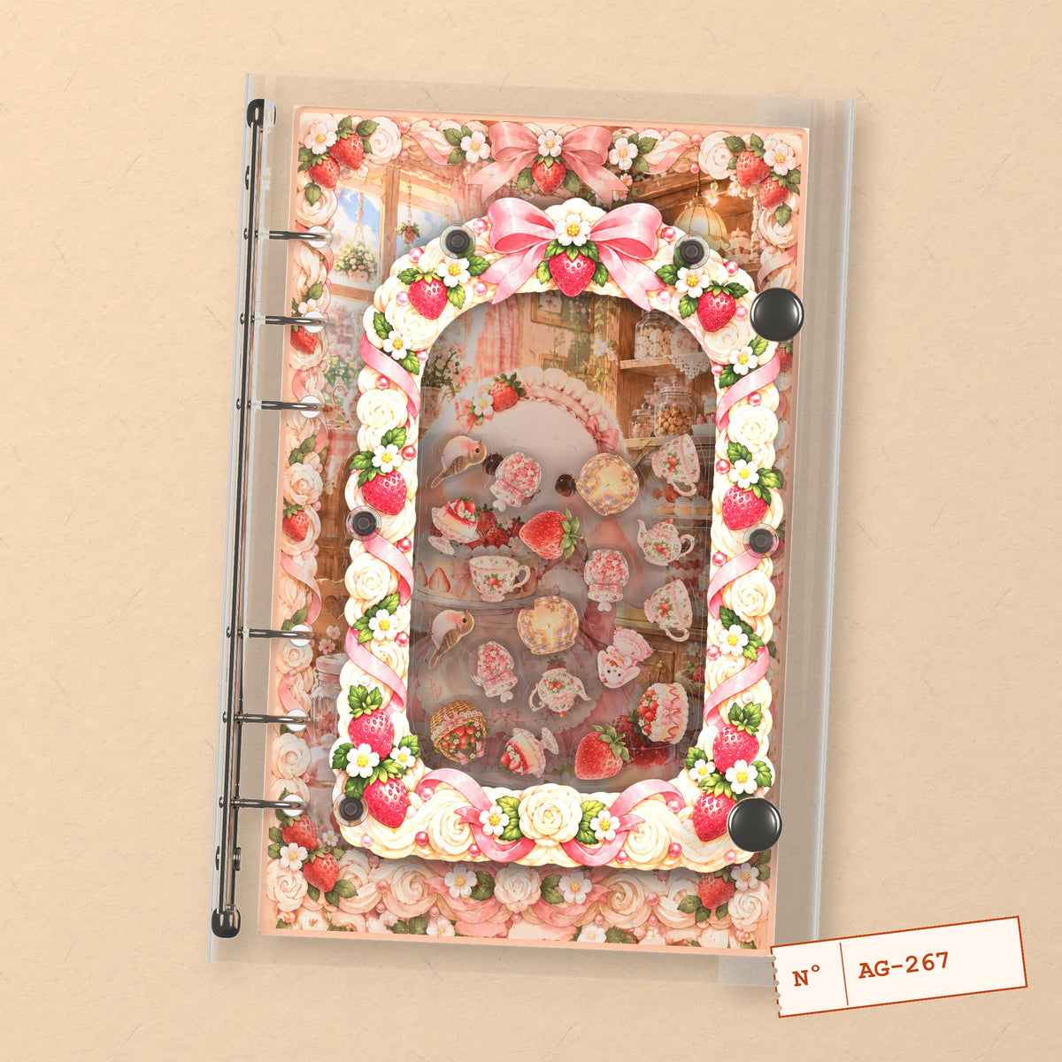 Strawberry Bunny (AG-267) A6 shaker binder notebook, front cover