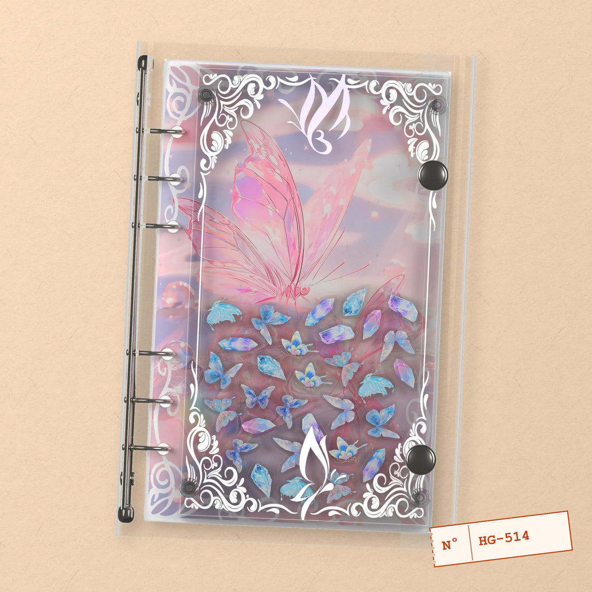 Pink Glass Butterflies (HG-514) A6 shaker binder notebook, front cover