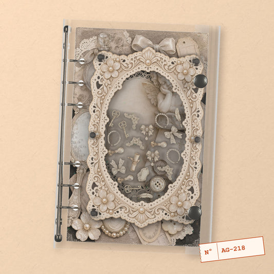 Vintage Lace Ephemera (AG-218) A6 shaker binder notebook, front cover