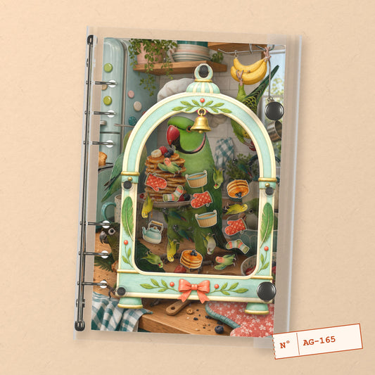 Green Parrot Cage (AG-165) A6 shaker binder notebook, front cover