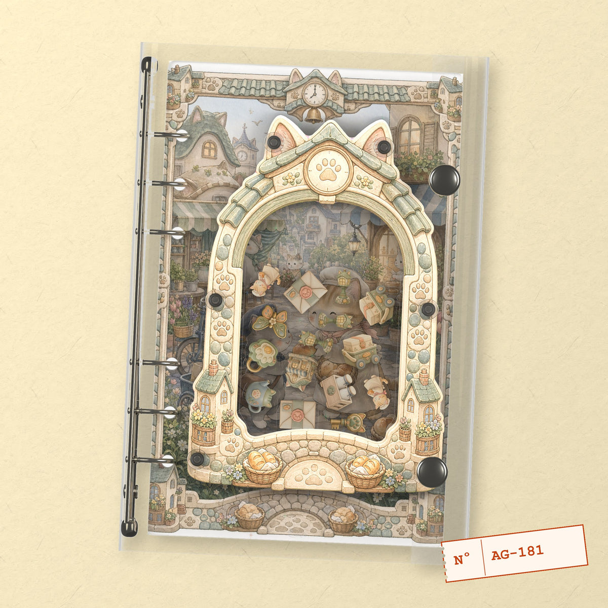 Cat Town Market (AG-181) A6 shaker binder notebook, front cover