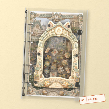 Cat Town Market (AG-181) A6 shaker binder notebook, front cover
