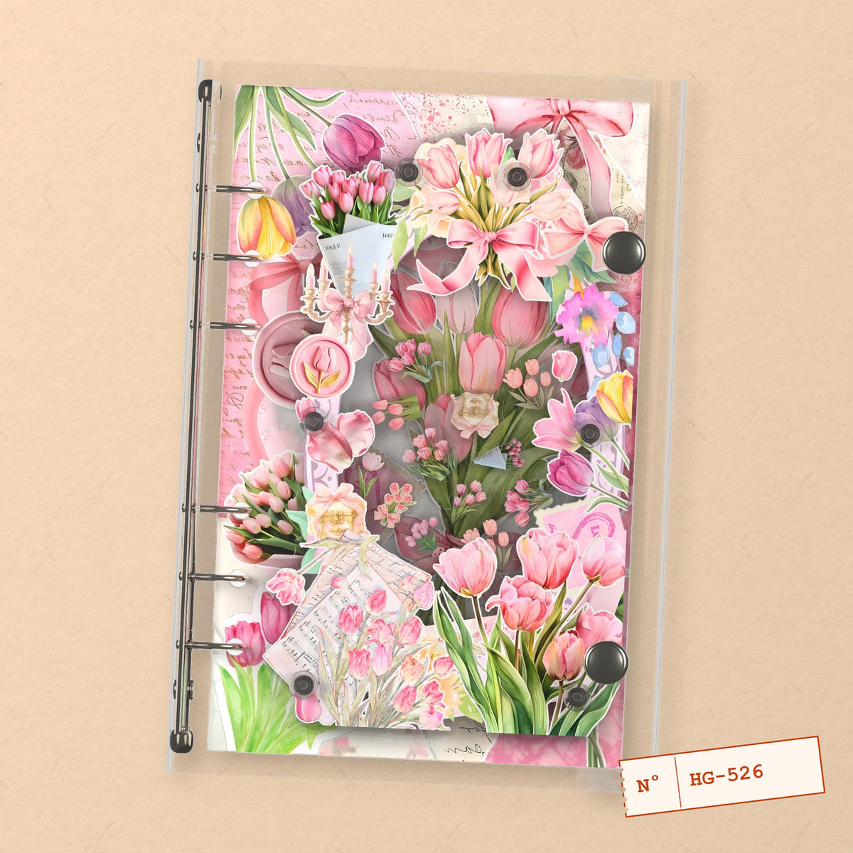 Pink Tulips (HG-526) A6 shaker binder notebook, front cover