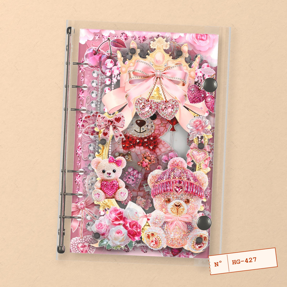 Pink Bears & Hearts (HG-427) A6 shaker binder notebook, front cover