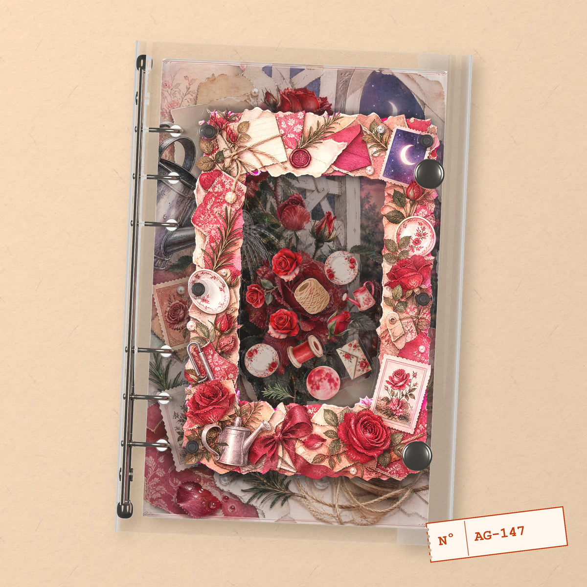 Red Climbing Roses (AG-147) A6 shaker binder notebook, front cover