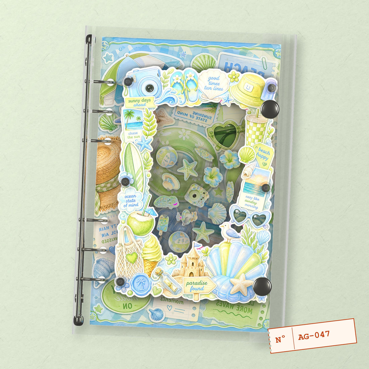 Summer Beach Stickers (AG-047) A6 shaker binder notebook, front cover