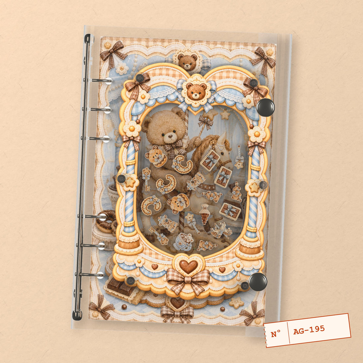 Chocolate Carousel Bear (AG-195) A6 shaker binder notebook, front cover