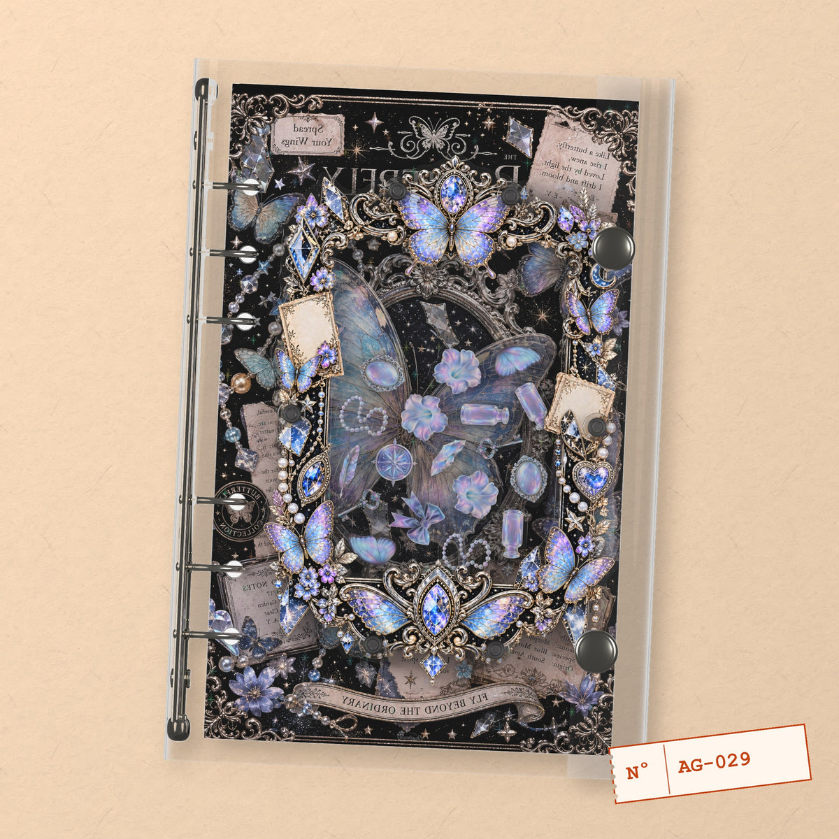 Iridescent Butterfly (AG-029) A6 shaker binder notebook, front cover
