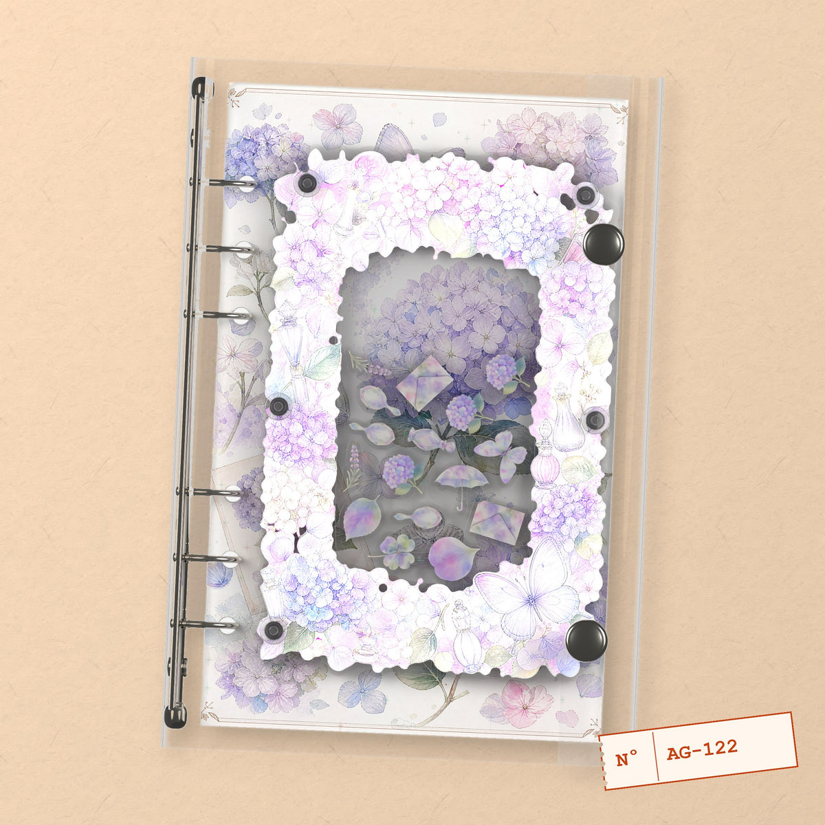Hydrangea & Perfume (AG-122) A6 shaker binder notebook, front cover