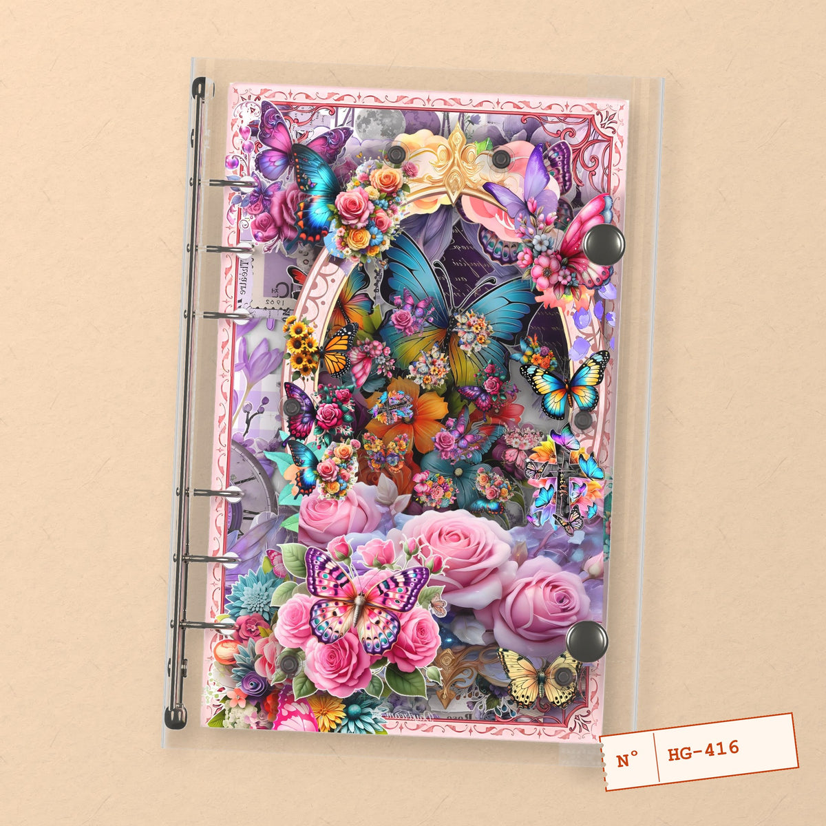 Rose Butterflies (HG-416) A6 shaker binder notebook, front cover