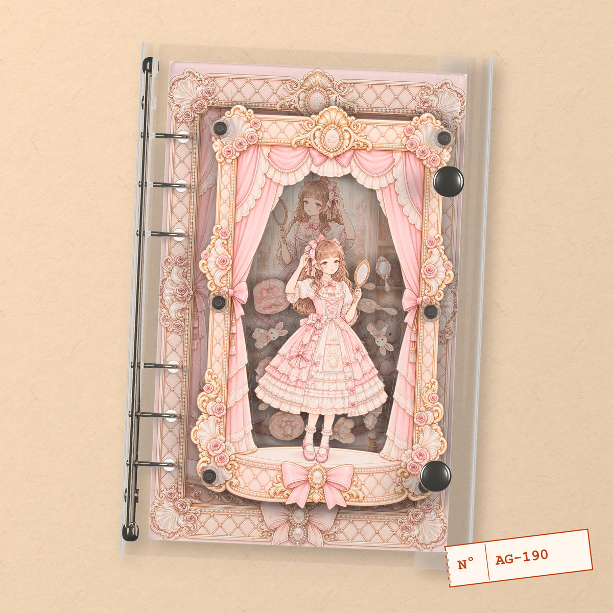 Pink Doll Window (AG-190) A6 shaker binder notebook, front cover