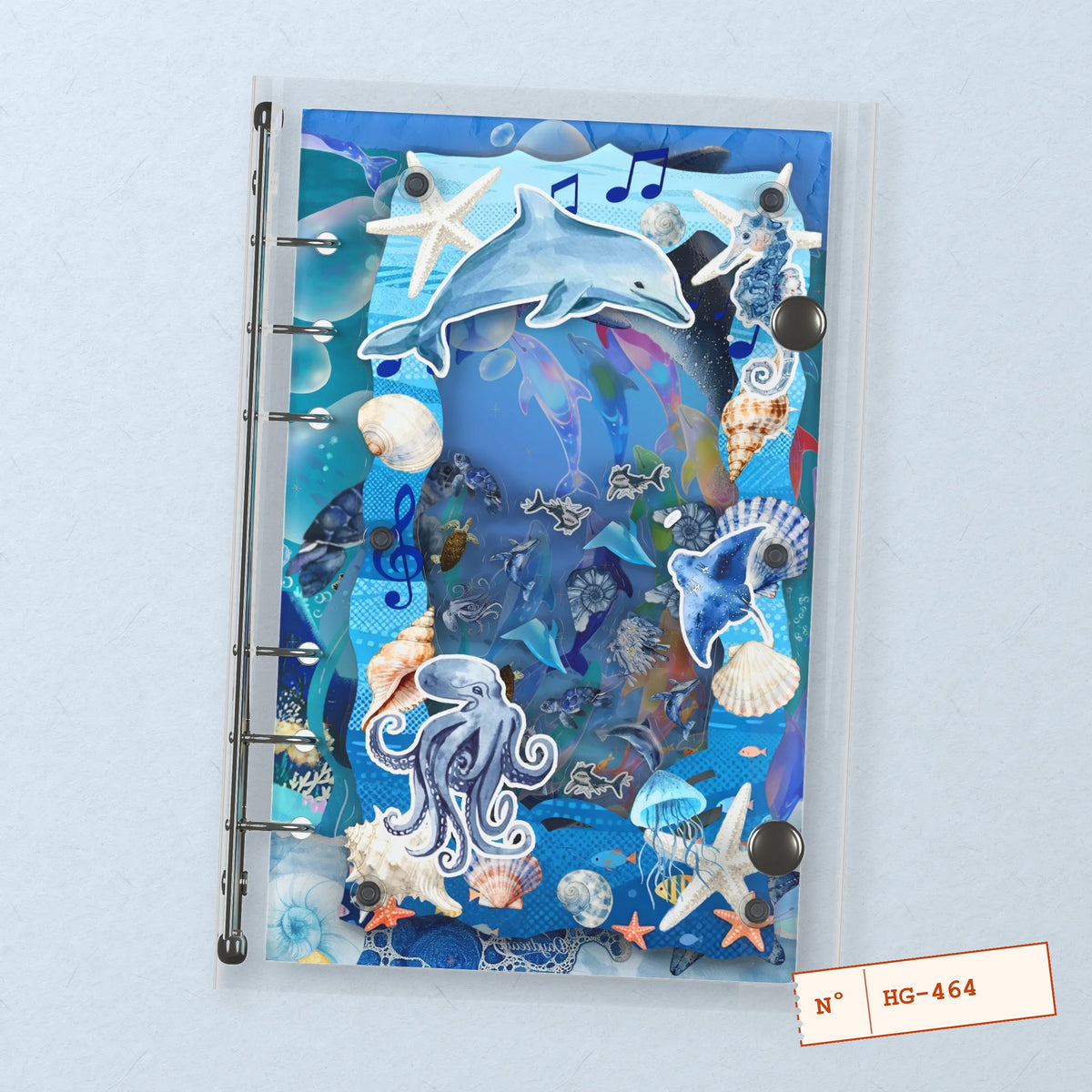 Dolphin Ocean Collage (HG-464) A6 shaker binder notebook, front cover