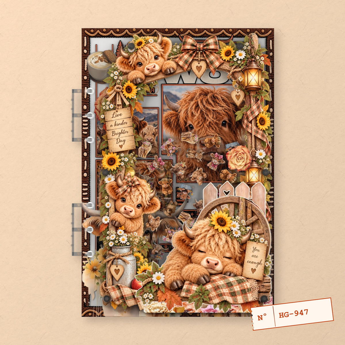 Sunflower Highland Calves (HG-947) A5 shaker binder notebook, front cover