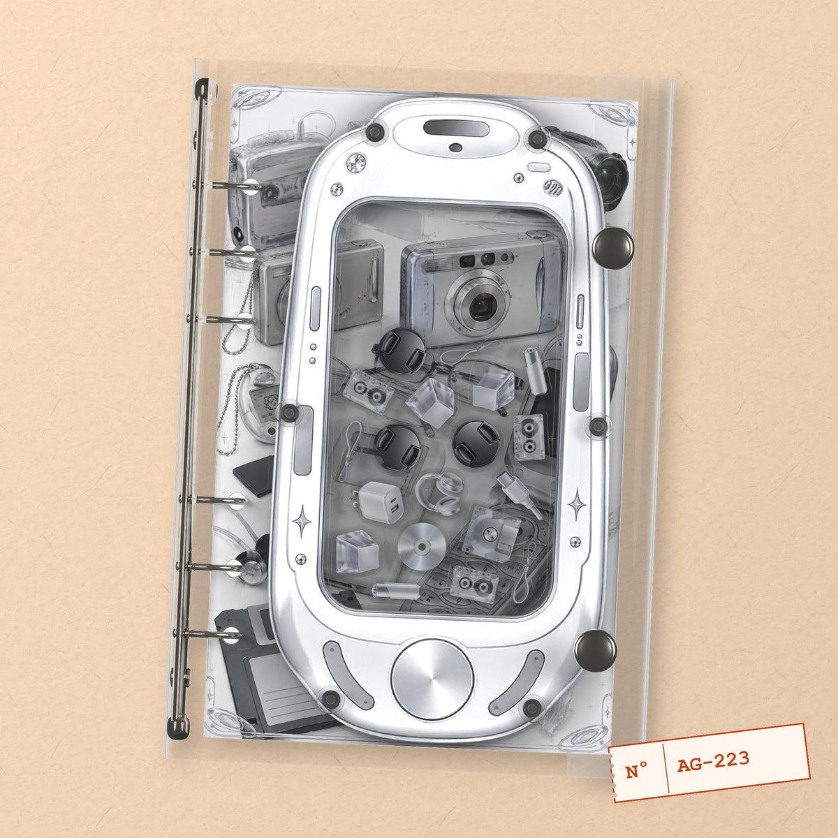 Retro Camera Collage (AG-223) A6 shaker binder notebook, front cover