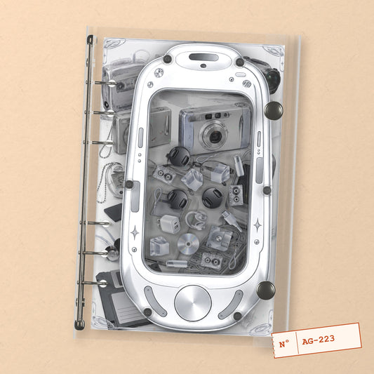 Retro Camera Collage (AG-223) A6 shaker binder notebook, front cover