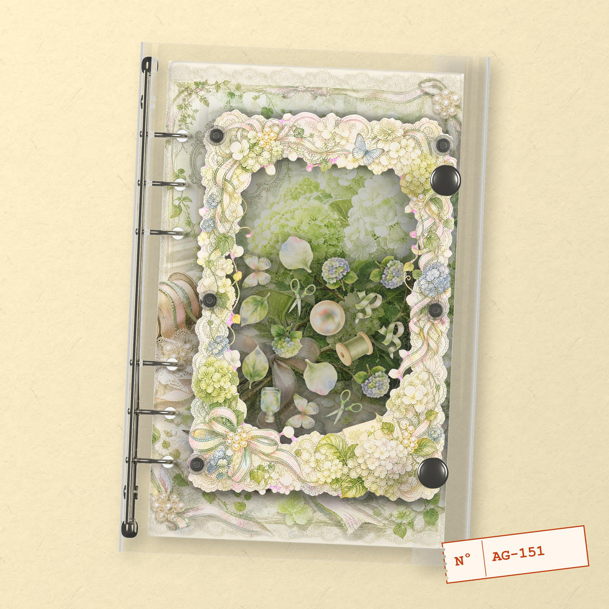 White Hydrangea (AG-151) A6 shaker binder notebook, front cover