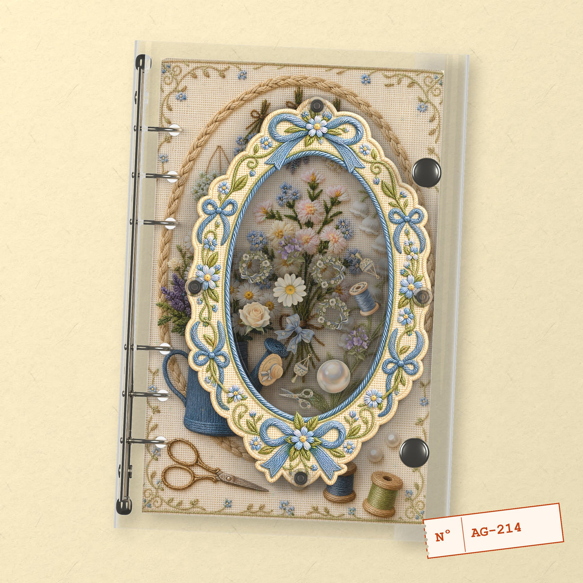 Embroidered Flowers (AG-214) A6 shaker binder notebook, front cover