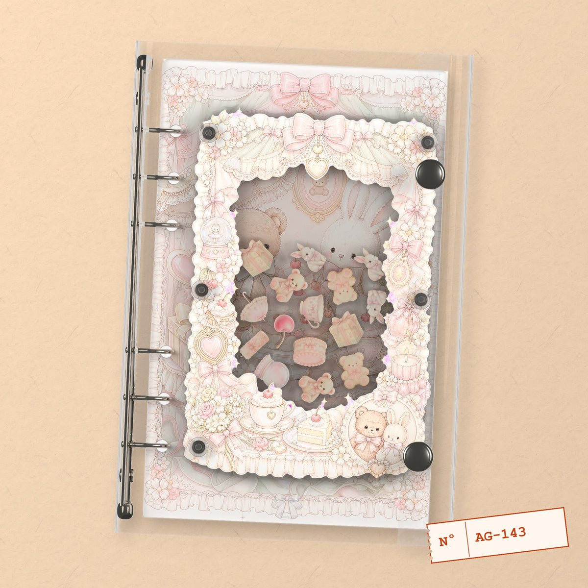 Teddy Bear & Bunny (AG-143) A6 shaker binder notebook, front cover
