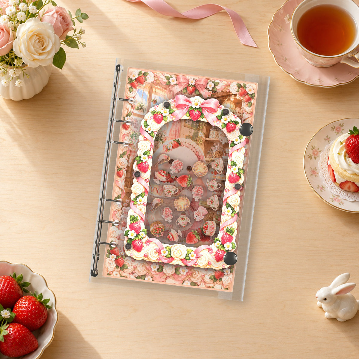 Strawberry Bunny shaker binder on a styled desk