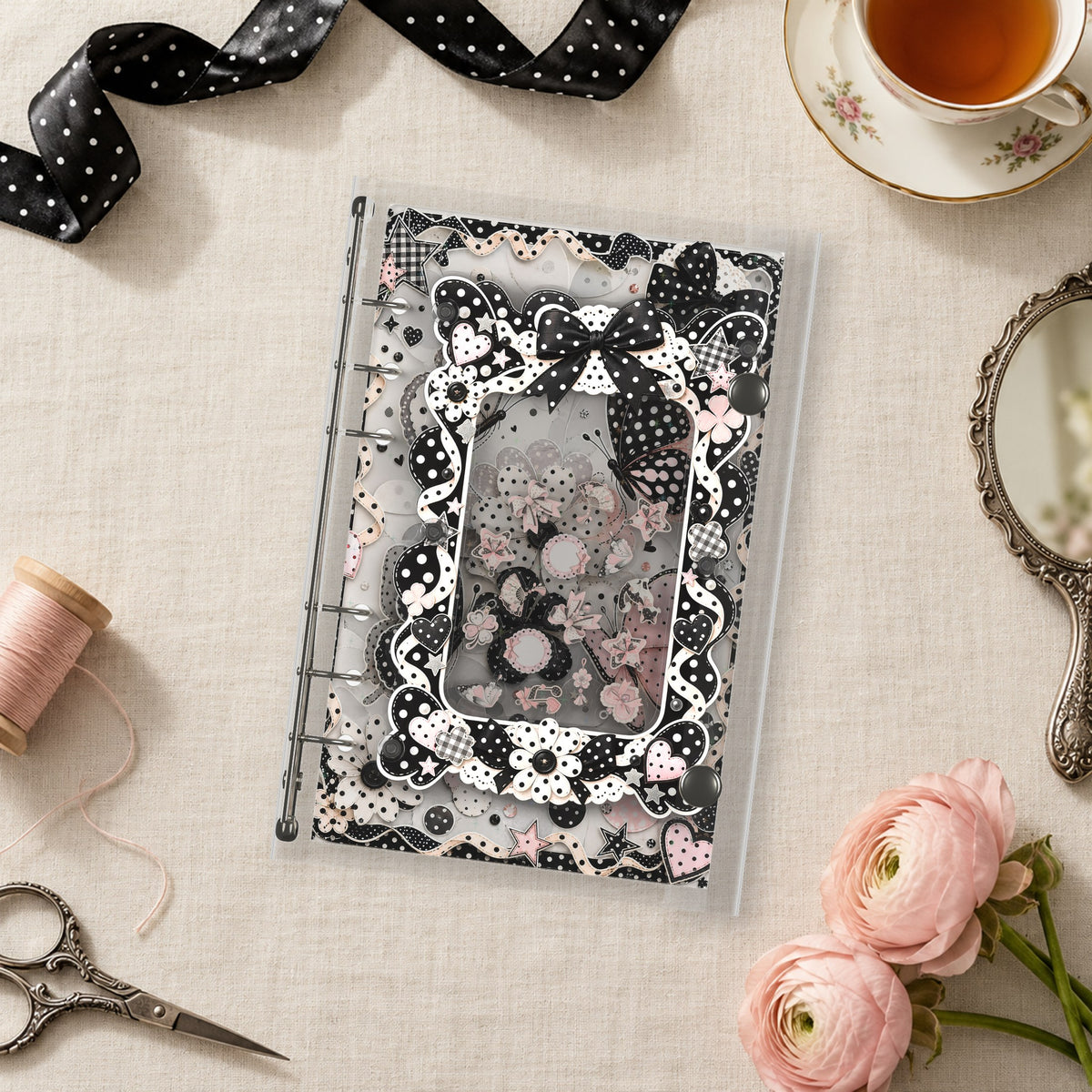 Polka Dot Butterflies shaker binder on a styled desk