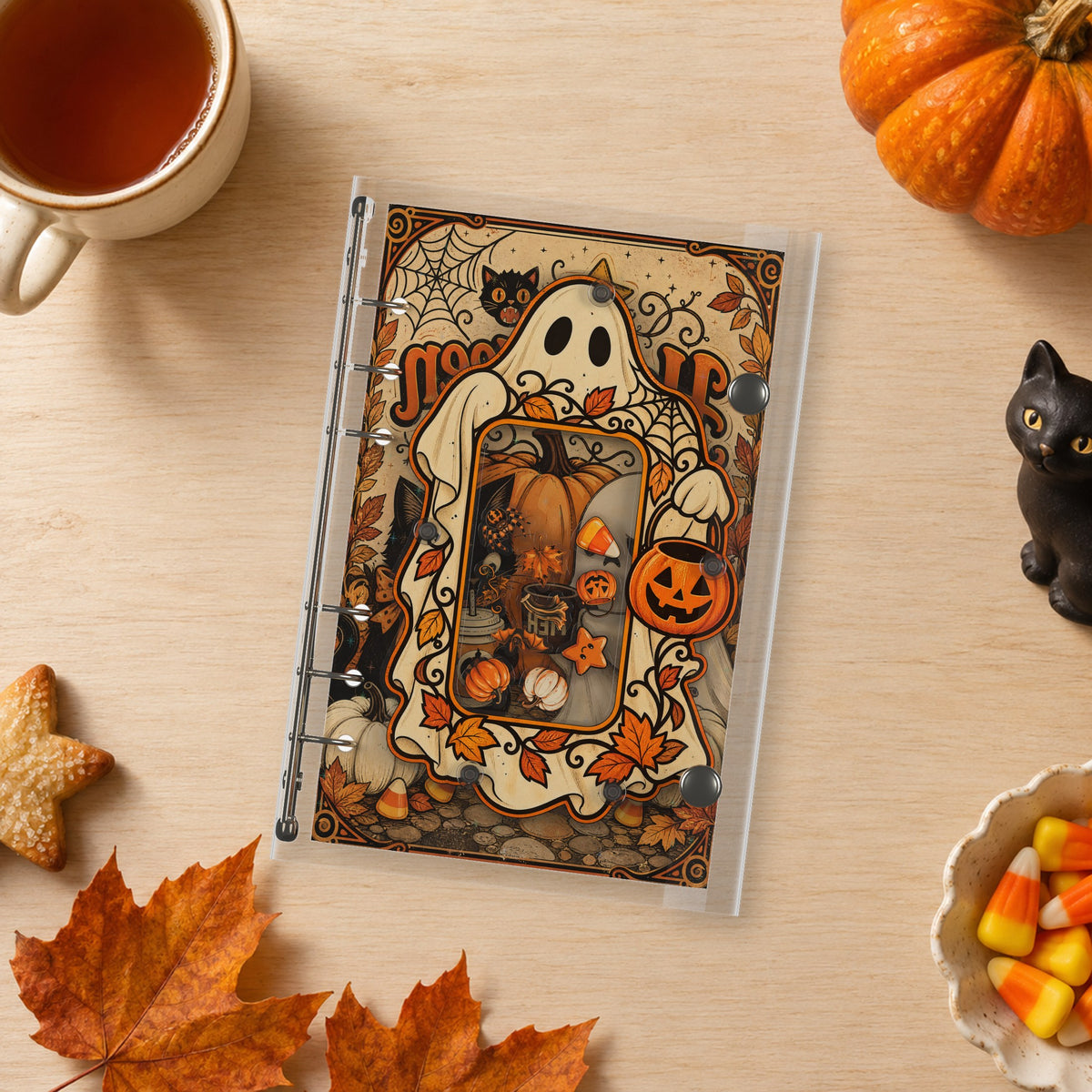 Pumpkin Ghost Halloween shaker binder on a styled desk