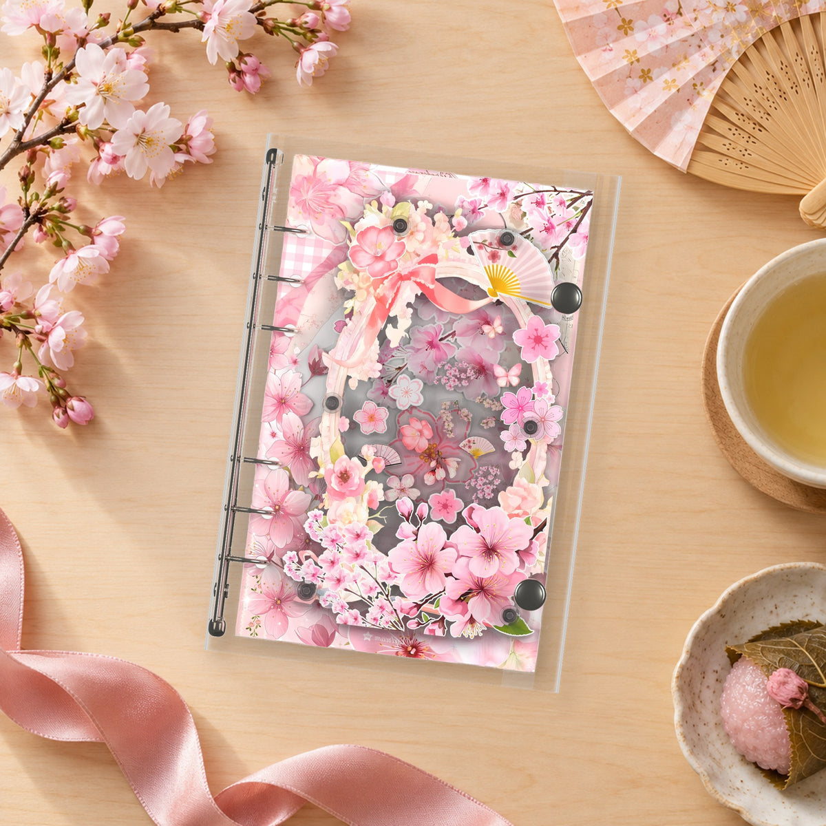 Cherry Blossoms shaker binder on a styled desk