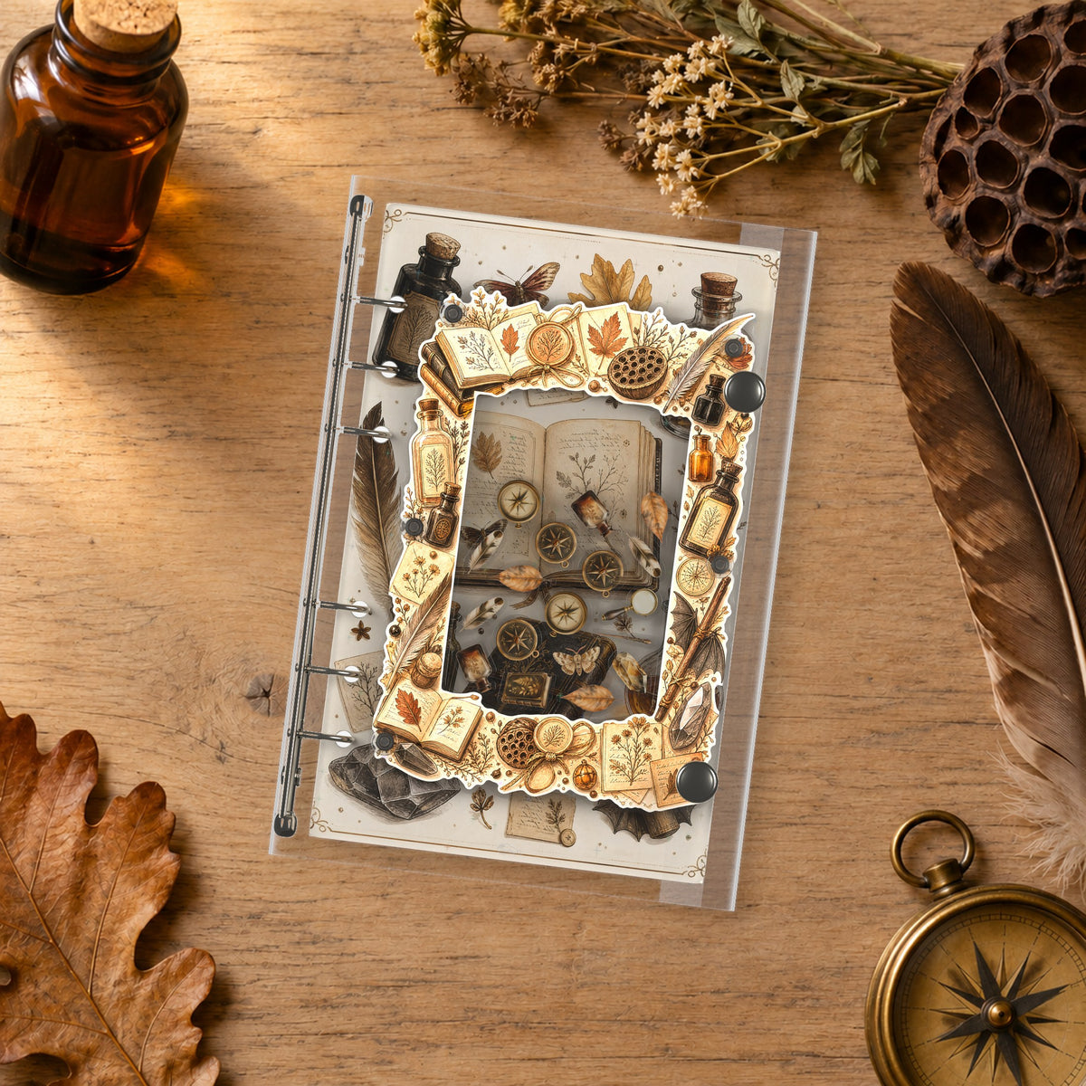 Apothecary Curios shaker binder on a styled desk