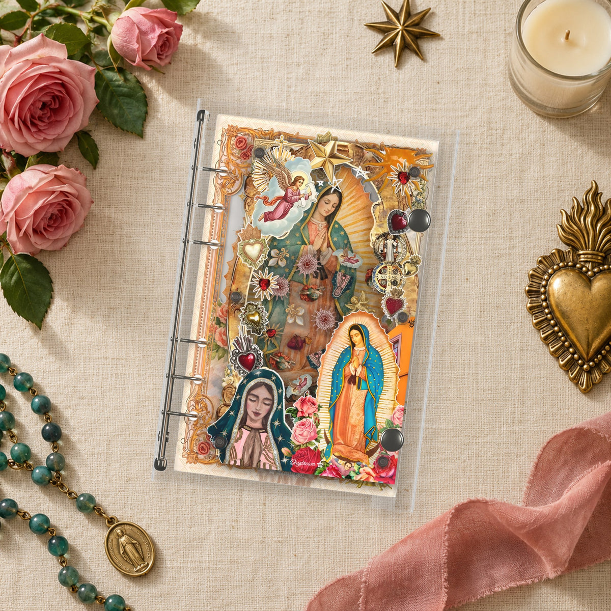 Our Lady of Guadalupe shaker binder on a styled desk