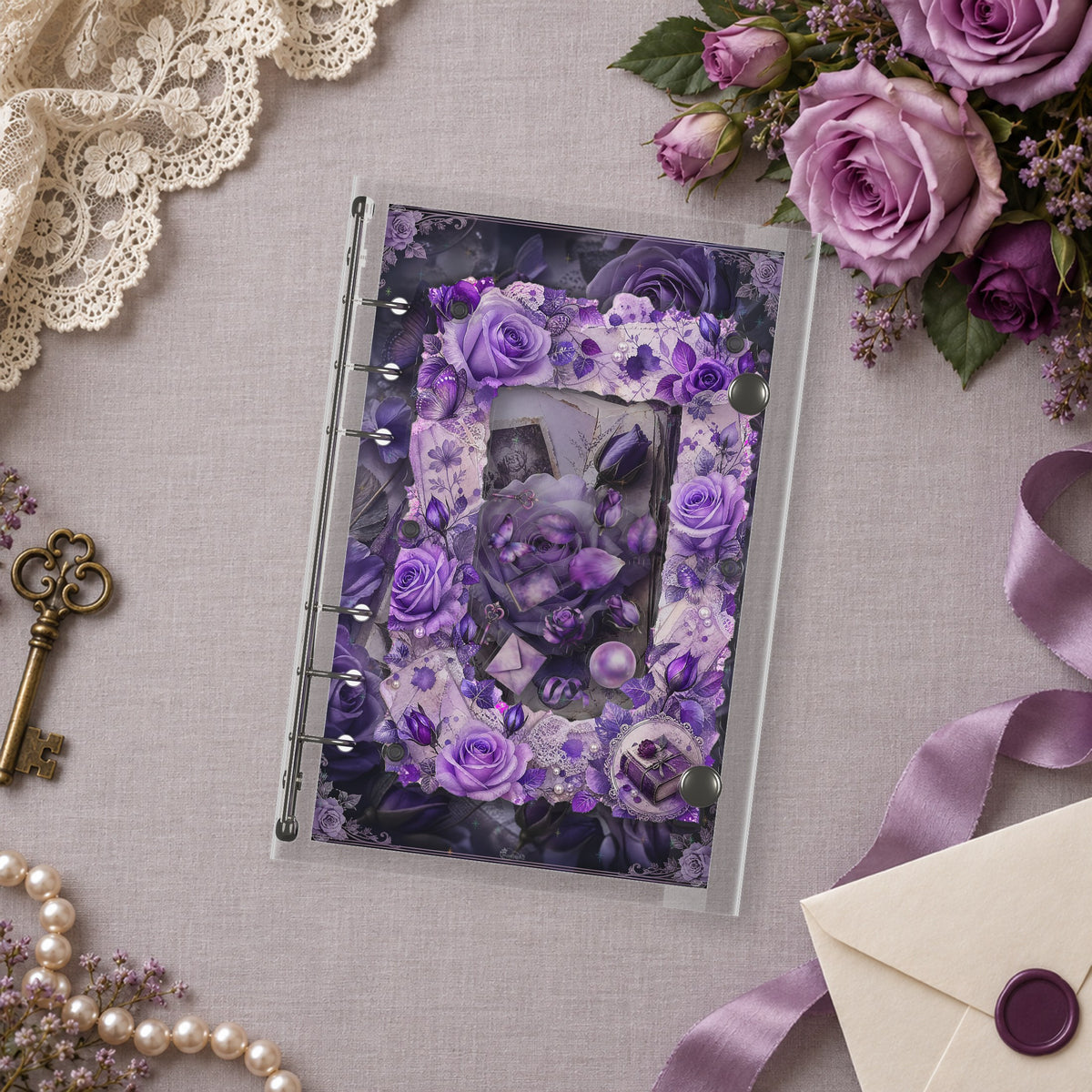 Purple Roses shaker binder on a styled desk