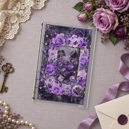 Purple Roses shaker binder on a styled desk