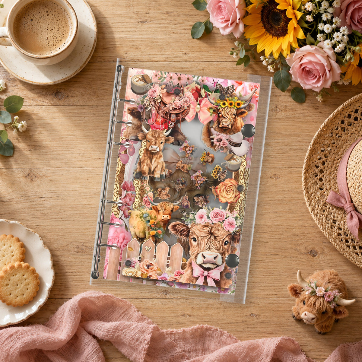 Floral Highland Cows shaker binder on a styled desk