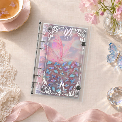 Pink Glass Butterflies shaker binder on a styled desk