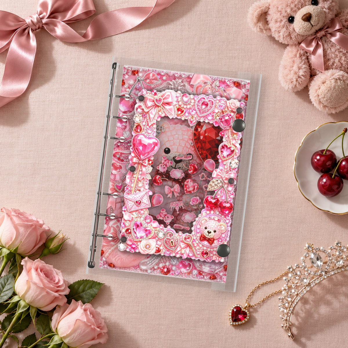 Jeweled Plush Bear shaker binder on a styled desk