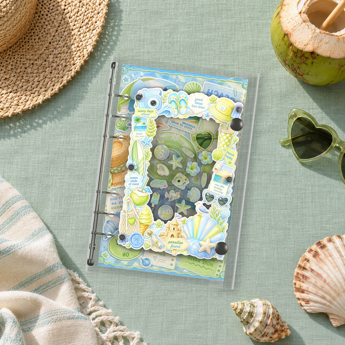 Summer Beach Stickers shaker binder on a styled desk