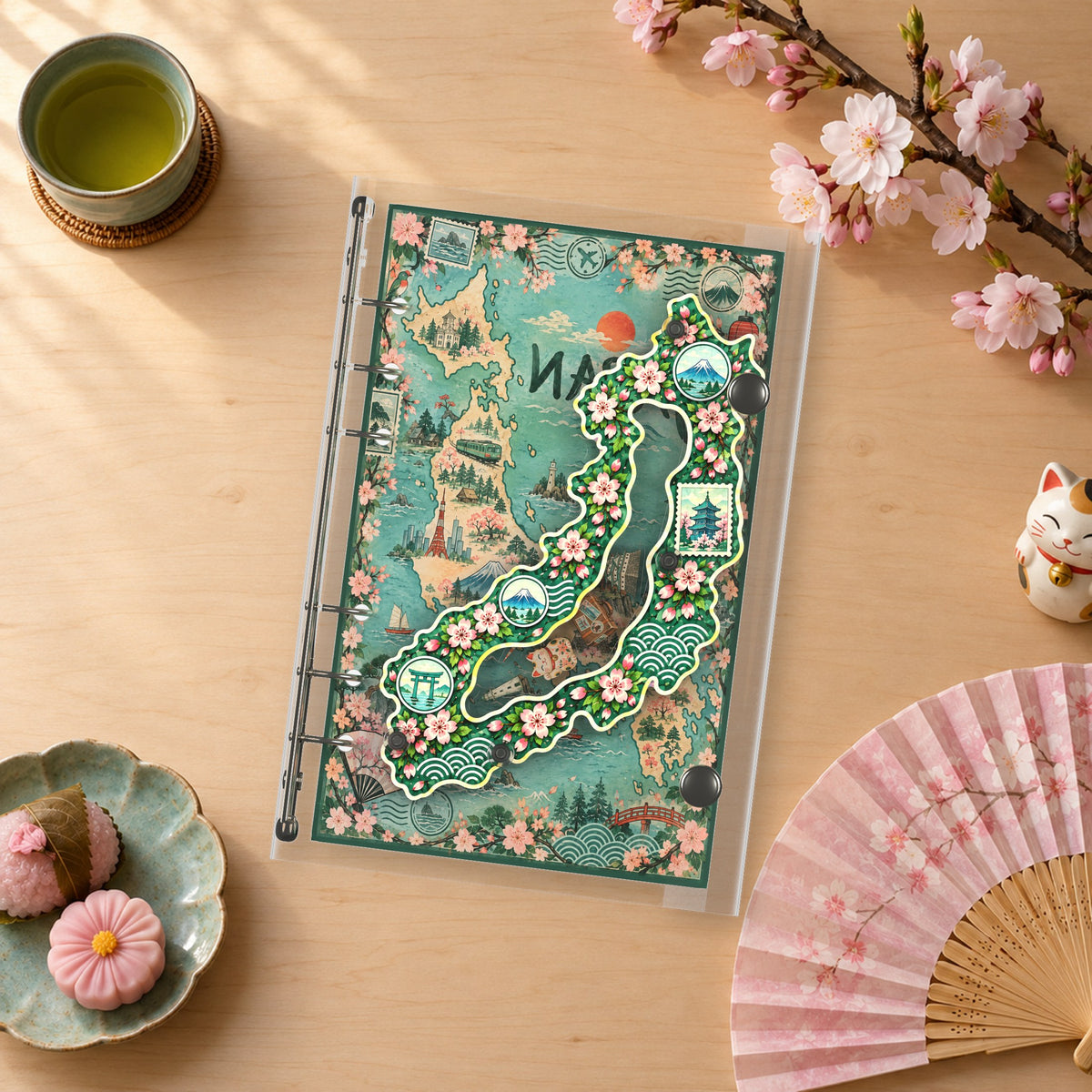 Sakura Japan Map shaker binder on a styled desk