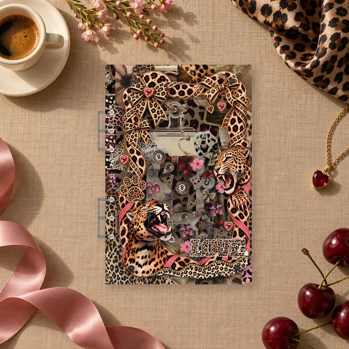 Leopard Print shaker binder on a styled desk